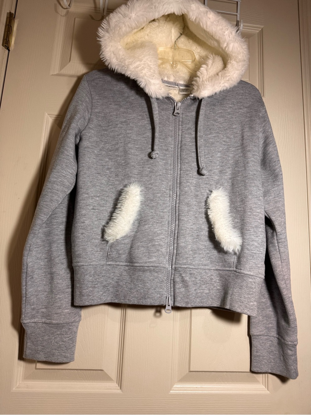 Energie Gray Teddy-Fur Hooded Zip Jacket with Cream Accents